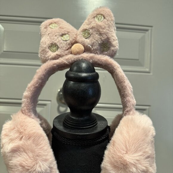 NEW Women’s Earmuffs Eurasier Spitz Ears Fuzzy Fun Warm Bow Bling Pink Gold - Picture 2 of 11